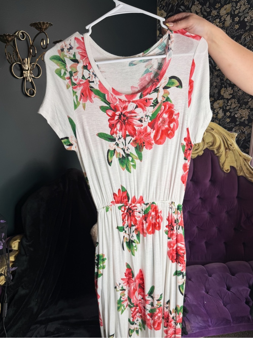 White Midi Dress with Pink-Red Floral Print maternity